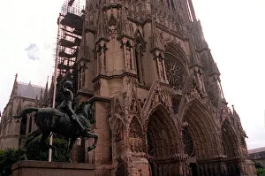 Core13 Prints: Joan of Arc statue looking up at the Cathedral at Reims Rheims France