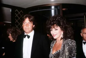 Glamourous Prints: Joan Collins Actress with Bill Wiggins at golf tournament May 1987