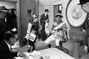 Jockey Arthur Scobie'Breasley, weighs in at Epsom withs Millbank
