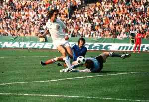 Joe Jordan Scotland football player June 1974 Misses chance against