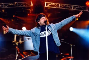 John Bon Jovi performing at the Gateshead International Stadium. 27 / 06 / 95