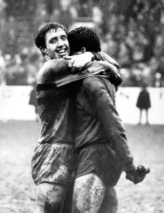 John Bond hugs goalkeeper Jim Standen after West Ham had beaten Manchester United in
