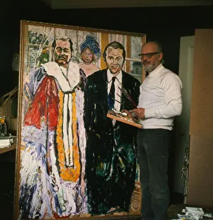 Painter Prints: John Bratby artist March 1975, painting picture of John Stonehouse and Lord Lucan