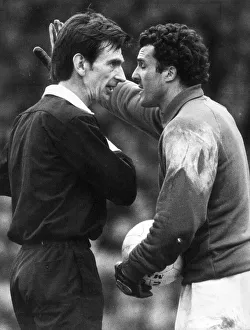 John Burridge Crystal Palace goalkeeper stands face to face with referee John Martin