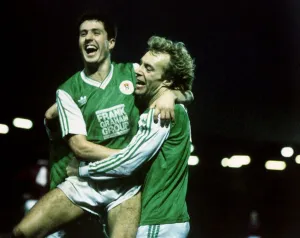 John Collins & Steve Archibald celebrate goal August 1989