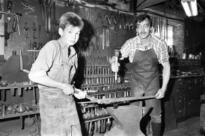 00489 Prints: John Garland-Taylor and his son James at the Hatton Craft centre in Warwickshire