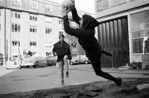 Footballers Prints: John Jackson leaps for the ball, kicked by Geoff Hurst at Thames TV Studios at Teddington