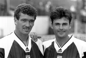 Footballers Prints: John Jenson Football Player of Arsenal - August 1992 with teammate Anders Limpar