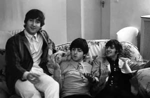 Core08 Prints: John Lennon, Paul McCartney and Ringo Starr of The Beatles relax in their room