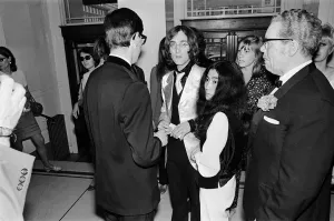 Premieres Prints: John Lennon and Yoko Ono at Londons Old Vic Theatre to attend the opening night of