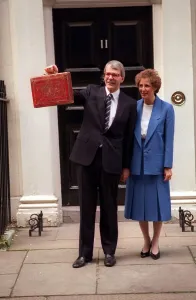John Major holding Budget Box at 11 Downing Street 1990 with wife Norma