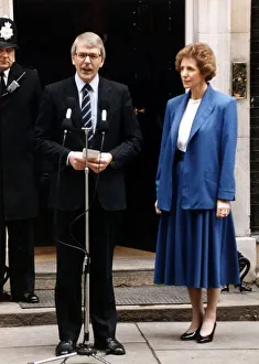John Major makes a speech outside 10 Downing Street with his wife Norma at his side as