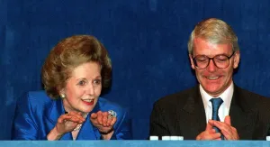 John Major MP and Baroness Margaret Thatcher on the podium at the Conservative Party