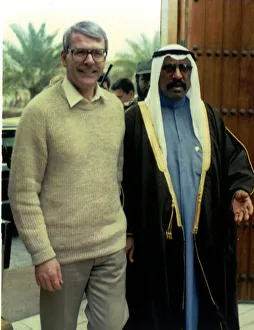 John Major MP walking with the crown prince of Kuwait on his visit to Kuwait to begin