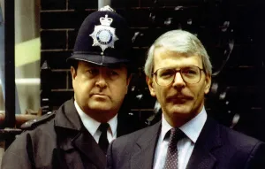 John Major with the policeman on duty outside No 10 Downing Street 1992