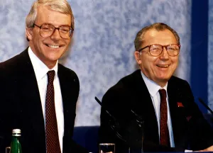 European Union Prints: John Major Prime Minister at European Summit press conference shares a joke with Jacques