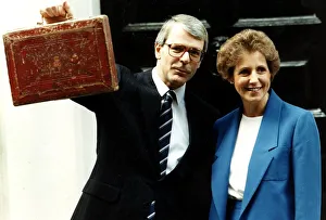 Budget Prints: John Major seen here as Chancellor holding up the red budget box with wife Norma Major