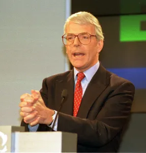 John Major seen here at the Conservative Party morning press conference at party