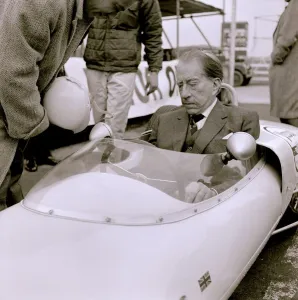 John Paul Getty oil Baron trying out a racing car A Lotis Junior Formula at the Goodwood