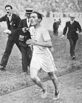Olympics Prints: Johnny Hayes wins the marathon. Second over the line he was declared the winner after
