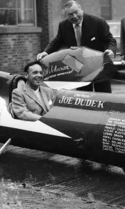 Motorbikes Prints: Bill Johnson seen here with his specially built Triumph motorcycle in which he broke