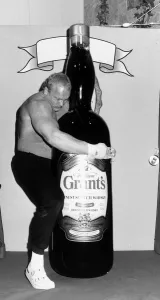 Jon Pal Sigmarrson with Worlds biggest whisky bottle 1987