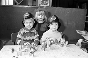 Block Prints: Jonathan Plant and James Henshaw donned policemen helmets for a sponsored build-a-brick