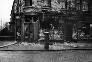 German Navy Prints: Joseph Merryweather provisions shop hit by German shell fire during a raid by