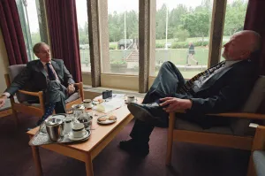 Journalism Prints: Journalist and writer, Harold Evans (left) talking to a journalist. 1st July 1998