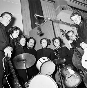 Drums Prints: The Joystrings, Salvation Army pop group recording at the EMI recording studio in St