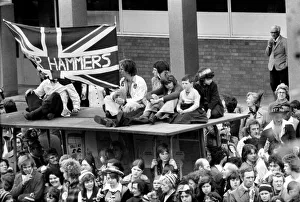 Jubilant West Ham fans gathered outside Newham Town Hall as the West HAm team arrive