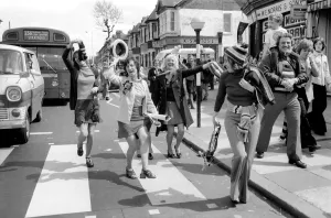 Jubilant West Ham fans outside Newham Town Hall as the West Ham team arrive at the end