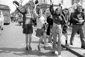 Jubilant West Ham fans outside Newham Town Hall as the West Ham team arrive at the end