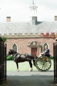 Judges in horse-drawn carriages view the village of Hartlebury, Worcestershire