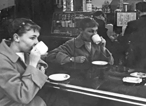 Cup Of Tea Prints: Judi Dench drinking coffee in cafe near the Old Vic theatre - 11 September 1957