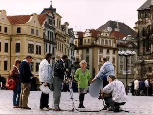 Judith Chalmers presenting Wish You Were Here television programme from Prague