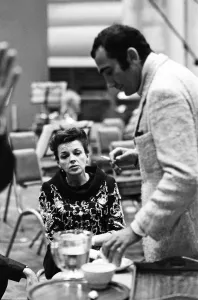 Judy Garland with Lionel Bart at the EMI studios in St Johns Wood recording Maggie May
