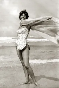June Marshall on the beach at Newquay Fashion show Cornwall Wearing playsuit