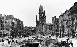 Ruins Prints: The Kaiser-Wilhelm-Gedachtniskirche church and surrounding buildings in Berlin Germany