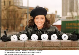 Karen Greenshields TV weather girl with Snoball Lottery black beret leather jacket