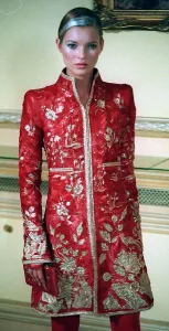 Chinese Prints: Kate Moss models Chanel at the Paris Fashion Show Red Chinese style long sleeved