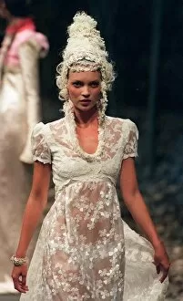 Images Dated 7th July 1996: Kate Moss models Givenchy during Paris Fashion Week white Jane Austen style