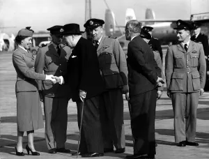 Greeting Prints: Kathleen Dyer, Air hostess greeting Sir Winston Churchill at London Airport