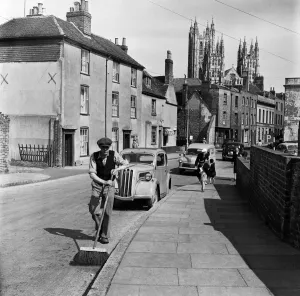 Gothic Prints: Keeping Canterbury clean, Mr Sidney Smith sweeps the roads of Canterbury, Kent