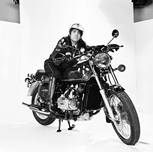Keith Moon, drummer of The Who rock group pictured in the studios on a Honda Gold Wing