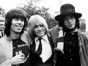 R And Prints: Keith Richards, Brian Jones and Mick Jagger of The Rolling Stones after Jones narrowly