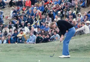 00188 Prints: Ken Brown golfer July 1979 Playing shot on green putting with old hickory wooden