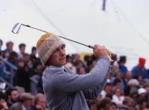 Ken Brown golfer July 1980 Action shot wearing woollen hat