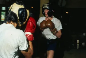 Dramatic Prints: Ken Buchanan boxer 1980 Sparring wearing boxing gloves protective helmet