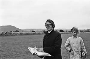 Ken Loach, (film director) on the school football playing field